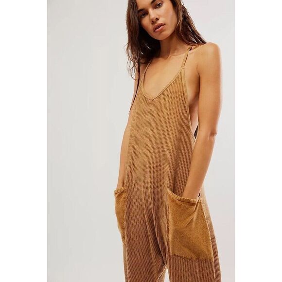 Free People FP One Frankie Jumpsuit Rubber Mustard Waffle Knit Medium M NEW - Picture 1 of 4